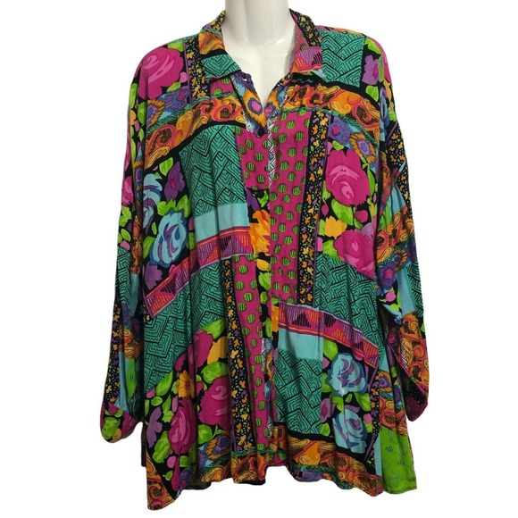 Vintage 90s Artsy Tunic Top Bold Colorful Geometric Button Front Blouse Large - Picture 9 of 9